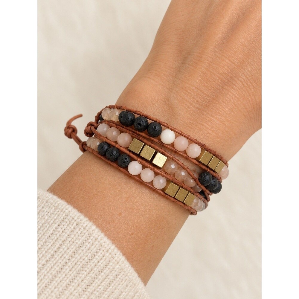 Leather Wrap Aromatherapy Bracelet Boho Gemstone Bohemian extra long  w/oil